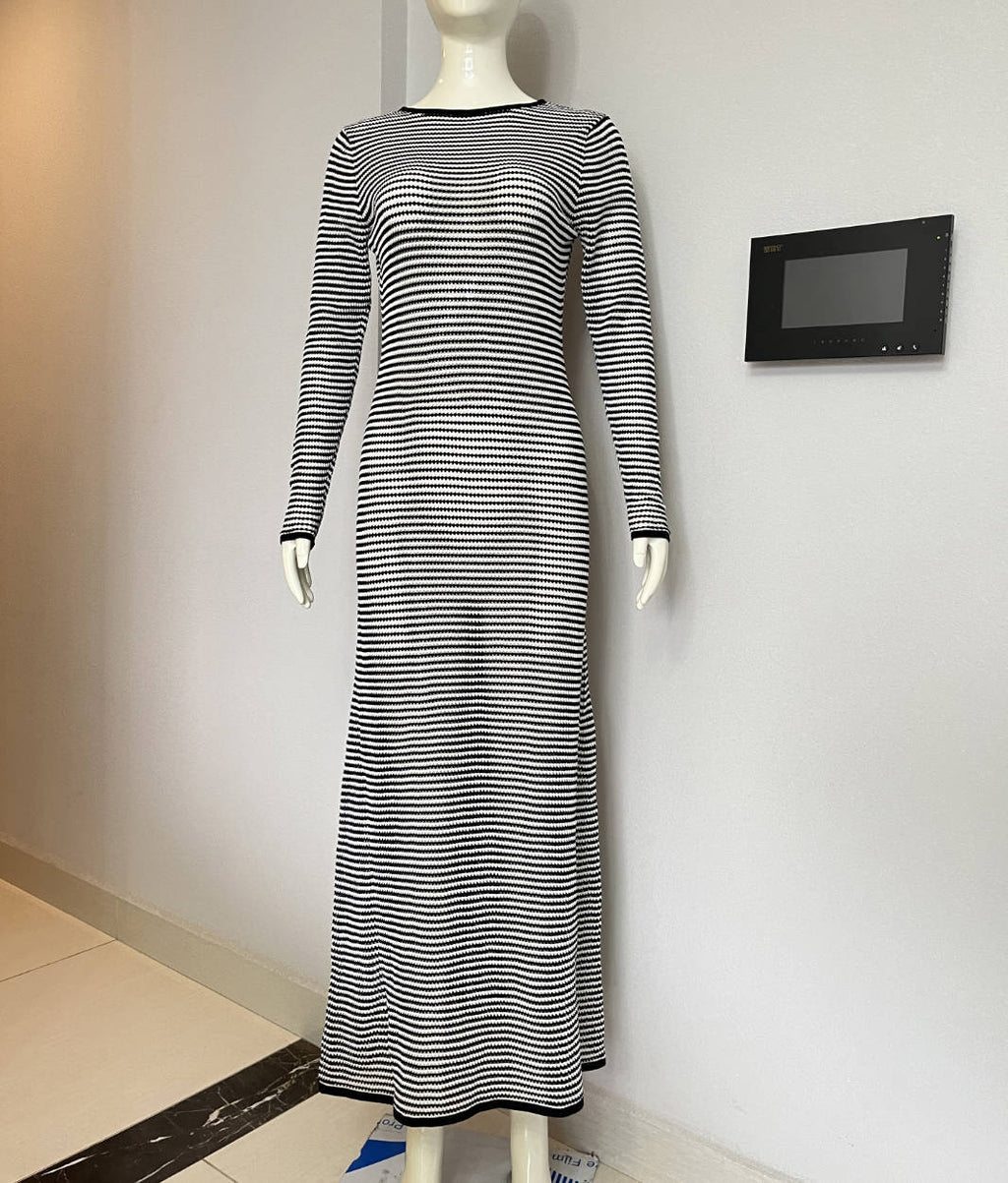 Robe longue d'été sexy en maille à rayures, tricotée et ajourée, pour les vacances à la plage, style chemisier.