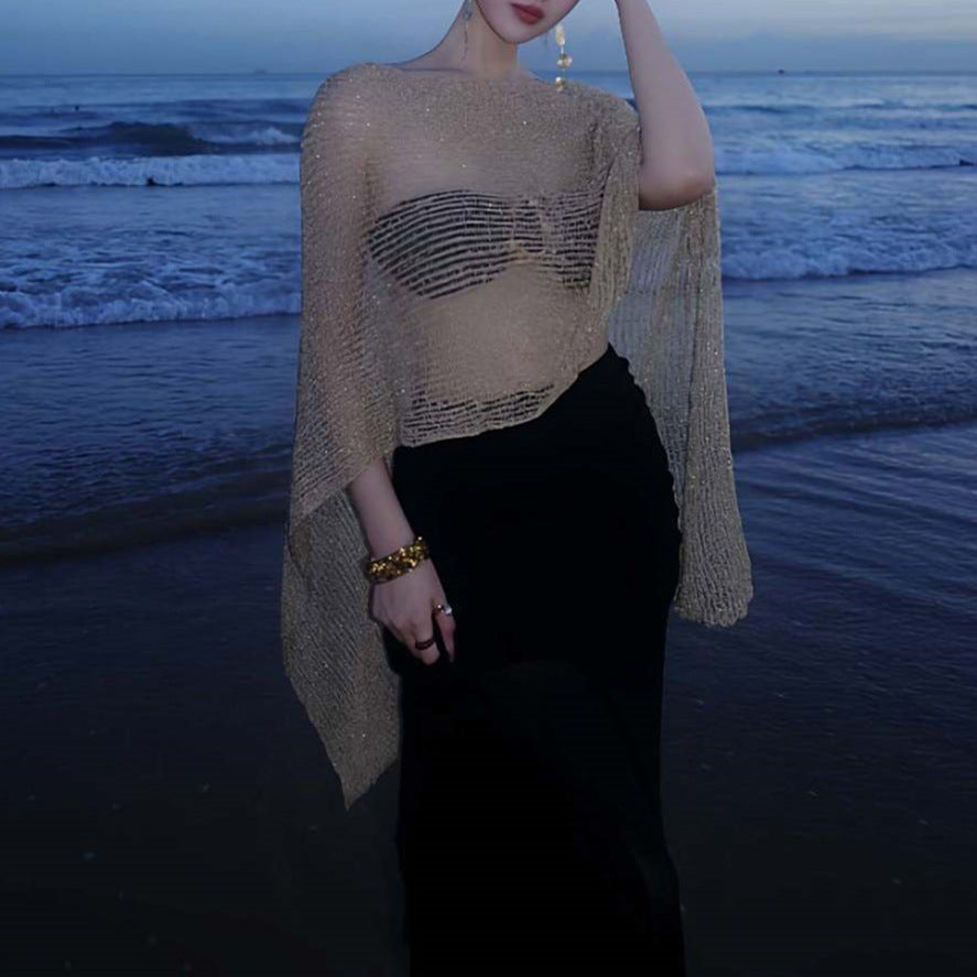 Haut tricoté doré ajouré pur Bikini quatre pièces Robe longue élégante de vacances Maillot de bain femme