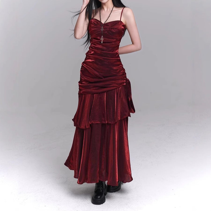 Dunkelrotes Trägerkleid, Konzert-Geburtstagskleid, hochwertiges Partykleidchen