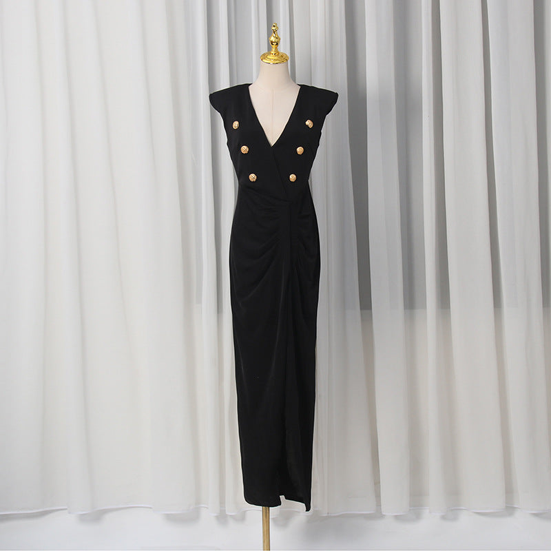 Frühling V-Ausschnitt Ärmelloses Design Schlitzkleid Enger Taille Schlankheits Metall-Dekorationskleid Damen
