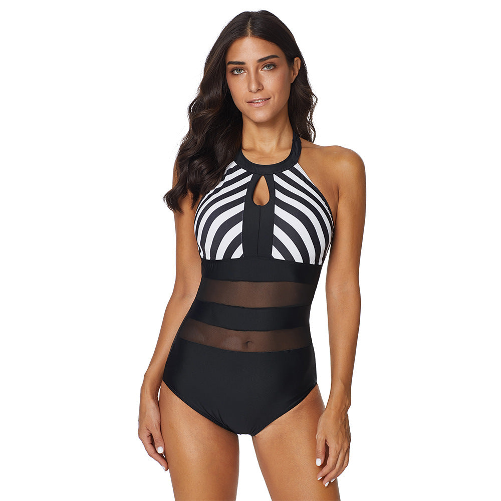Sexy rückenfreier siamesischer Netzstich-Halter-Badeanzug Damen-Badeanzug