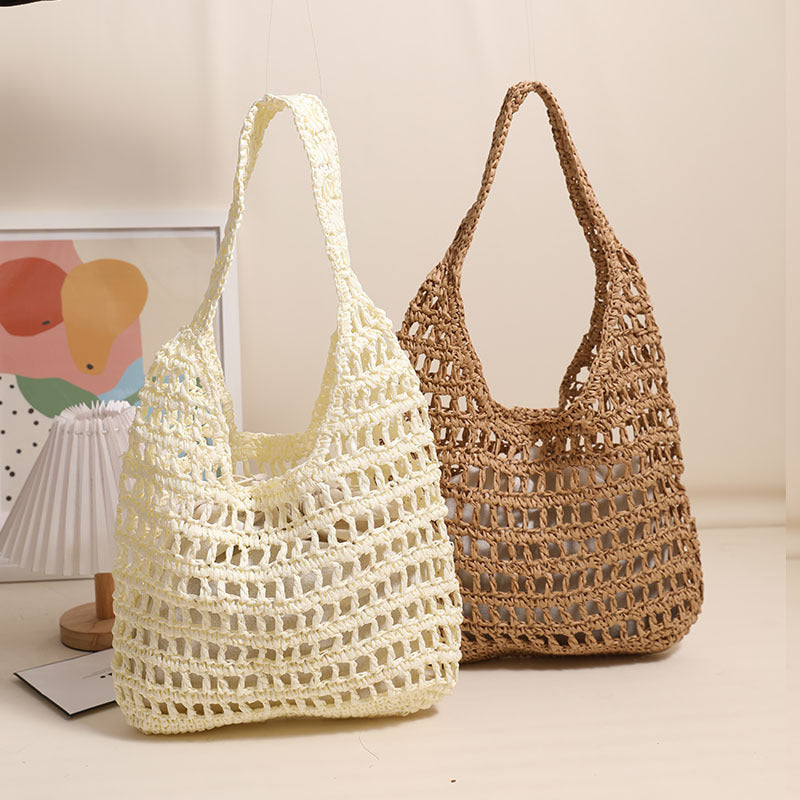Grand sac à bandoulière en paille grande capacité pour femme, sac fourre-tout ajouré, sac en paille portable, sac tissé pour vacances à la mer et plage