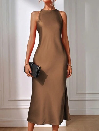 Satin-Kleid Damenbekleidung Frühling Sommer Ärmelloses geteiltes Satin-Imitat Seidenmaxikleid