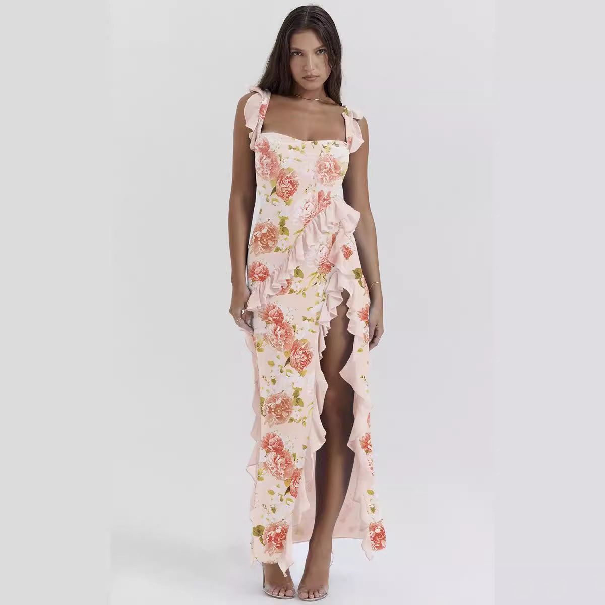 Robe d'été fendue sexy à imprimé avec bretelles françaises et bords en bois