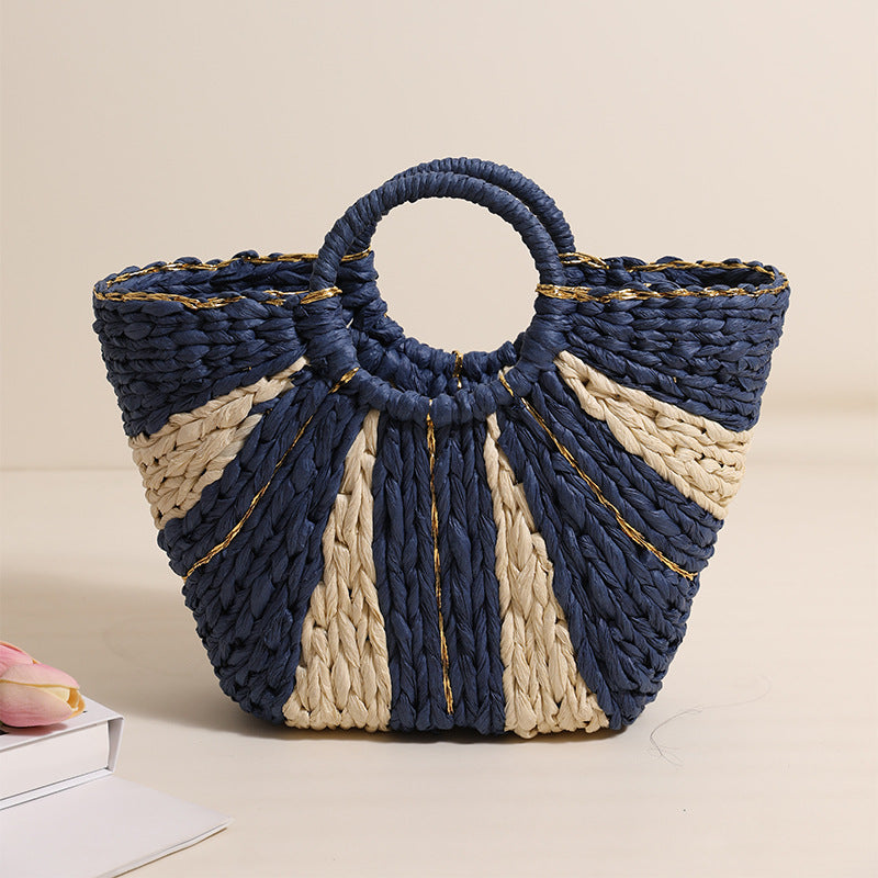 Sac fourre-tout tissé en paille, grand format, fil de soie doré, portable, pour légumes, panier de plage, à main