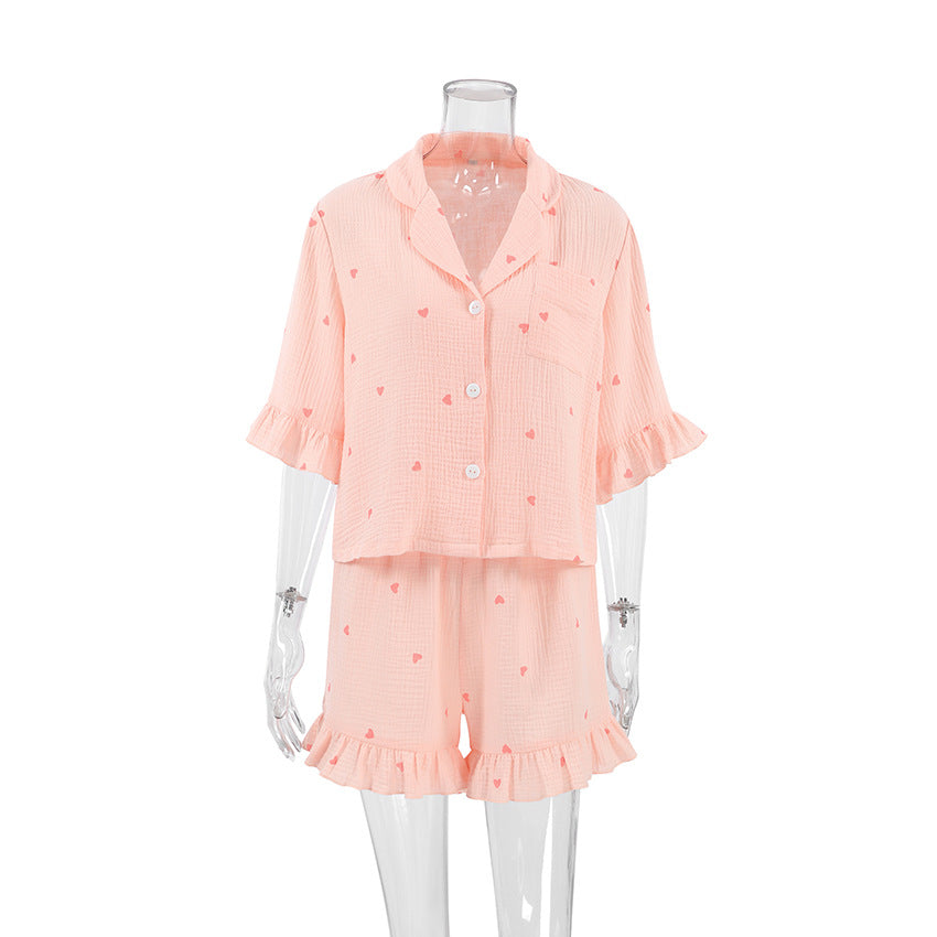 Pyjama d'été pour femme en coton crêpe avec imprimé cœur, manches courtes et short, ensemble deux pièces pour la maison