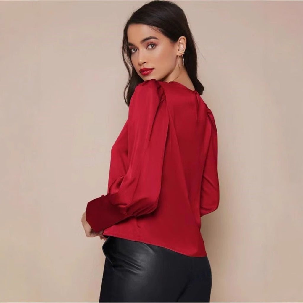 Chemise longue en satin à manches longues pour femme, haut en satin à manches lanternes pour le printemps et l'automne