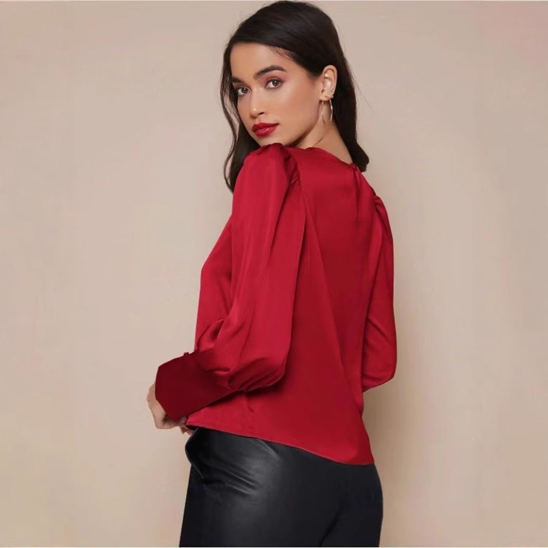 Chemise longue en satin à manches longues pour femme, haut en satin à manches lanternes pour le printemps et l'automne