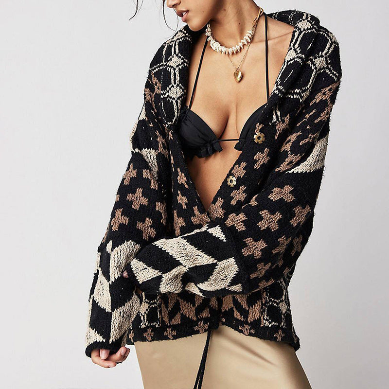 Pull tricoté ample à col et manches longues avec imprimé abstrait Automne Hiver pour femme