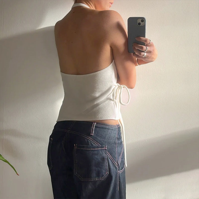 Damenbekleidung Sommer Sexy Neckholder-Top mit Schnürung, rückenfrei, Strickjacke, Weste für Damen