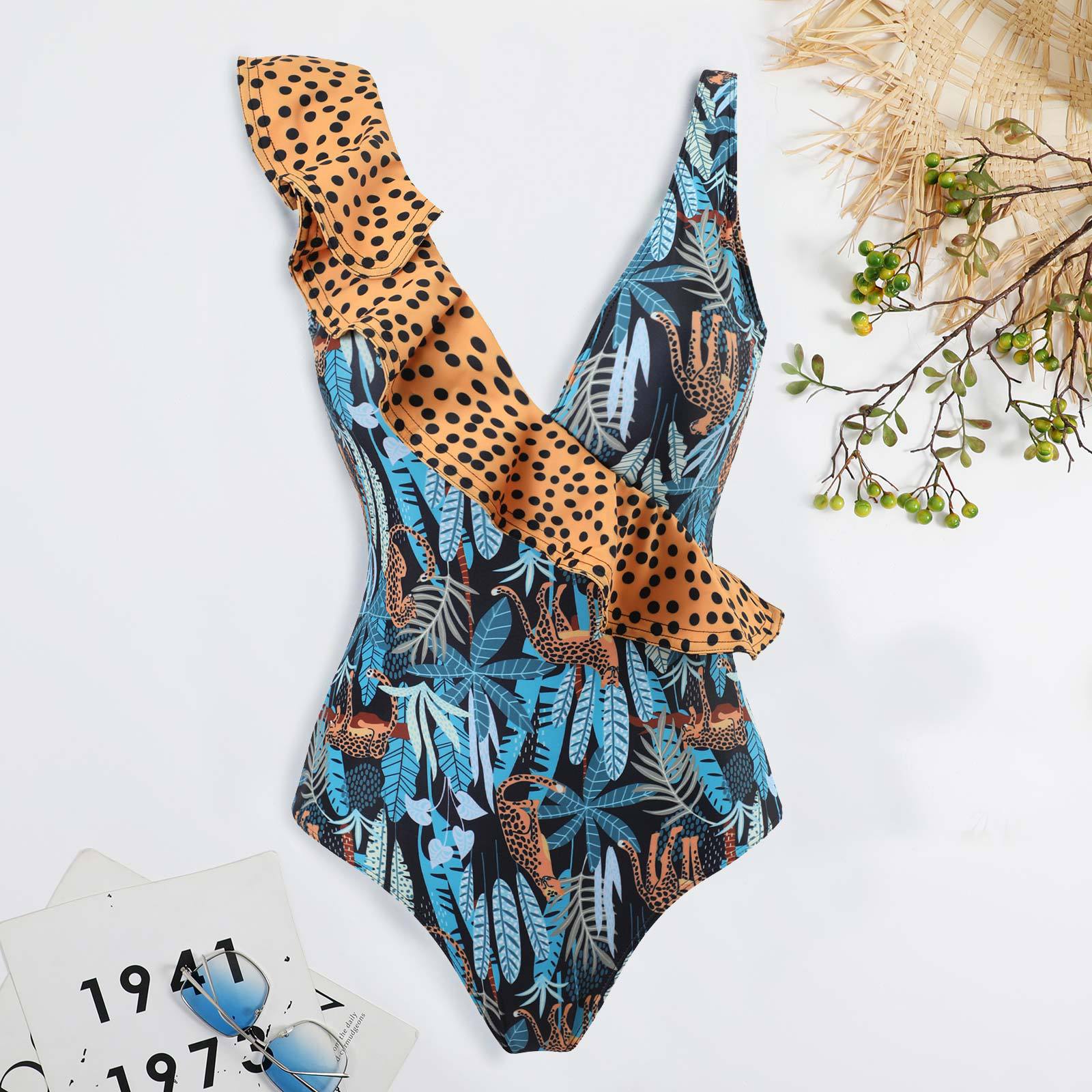 Maillot de bain sexy pour femme, bikini imprimé léopard, maillot de bain à volants, robe en mousseline.