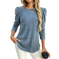 Arrivée Femme Col Rond Manches Bouffantes Rayures Creuses Brossées Couleur Unie Haut Vêtements Manches Longues T-shirt