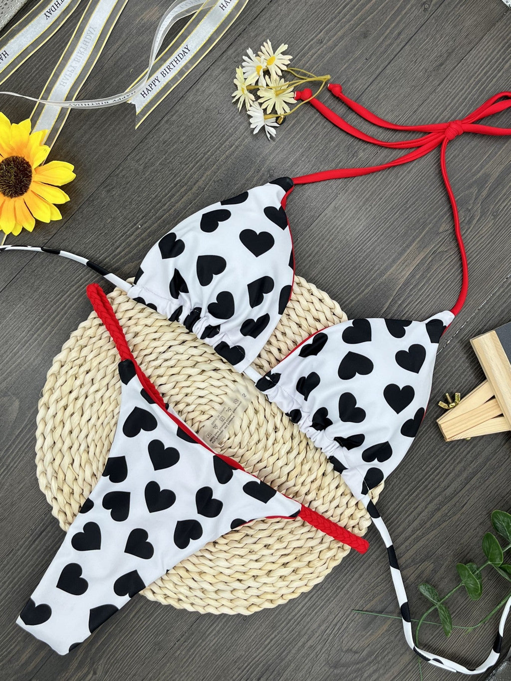 Bikini Cœur Imprimé Sexy Dos Nu Fendu Maillot de Bain Bikini