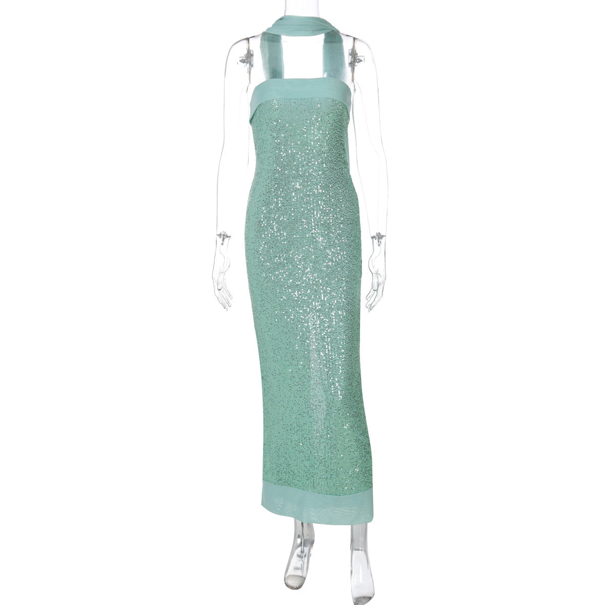 Robe moulante à paillettes, coupe longue et fine, de couleur unie, pour femme, style bandeau élégant