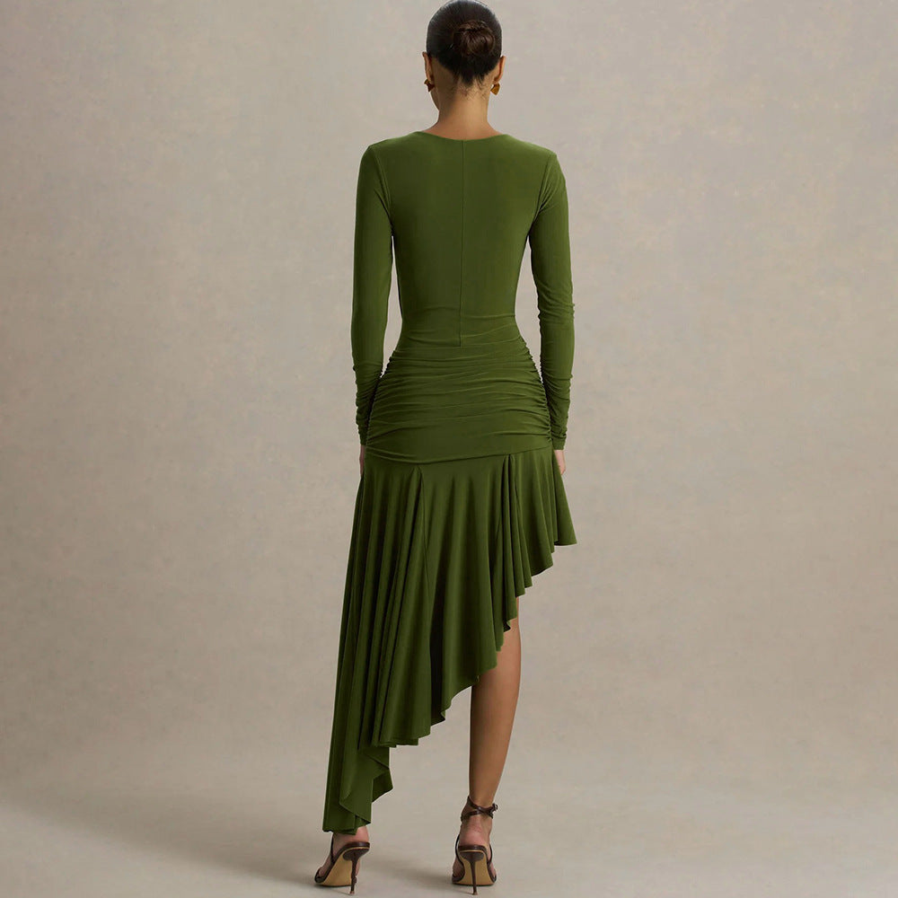 Robe longue asymétrique plissée élégante et sexy pour femme - Collection Automne/Hiver