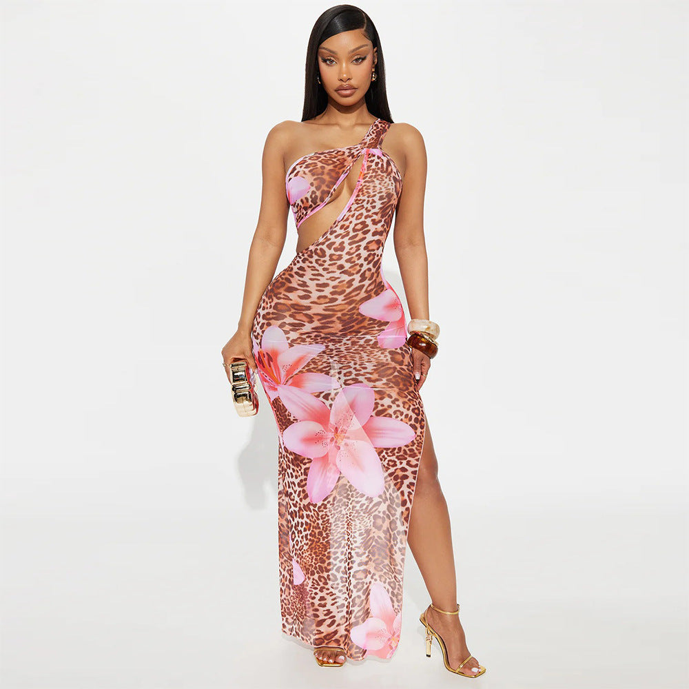 Damenkleidung Diagonalkragen Aushöhlen Ausschnitt Durchsichtig Mesh Blumenmuster Kleid