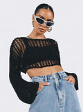 Damenbekleidung Sommer Rundhals Langarm Sonnenschutz Bluse Hohl Cut-Out Kurz Sexy Crop-Top Strickpullover Damen