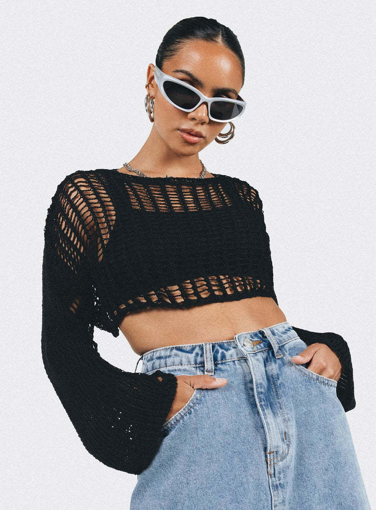 Damenbekleidung Sommer Rundhals Langarm Sonnenschutz Bluse Hohl Cut-Out Kurz Sexy Crop-Top Strickpullover Damen
