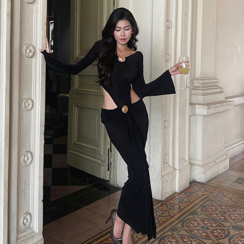 Ensemble deux pièces de soirée pour femme, combinaison pantalon longue élégante avec jupe fendue, jupe longue, dos nu et découpes