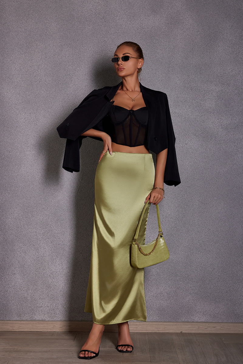 Frühling Sommer Kunstseide Rock Satin Rock Damen Casual Satin Hüftrock