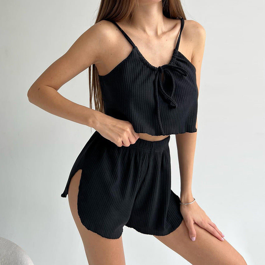 Frühlings-Kühlende Träger-Shorts Pyjama Zweiteiliges Set Bequem Atmungsaktiv Gestrickte Damen Homewear