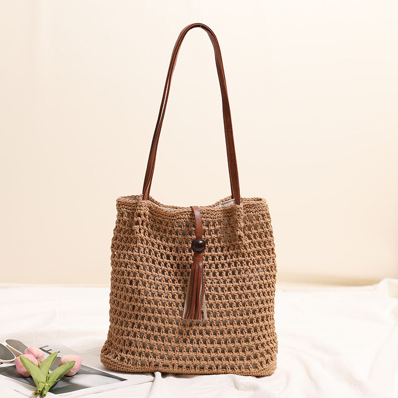Sac à main plissé avec bandoulière en coton tissé, sac de paille à pampilles, sac de plage de vacances pour femmes
