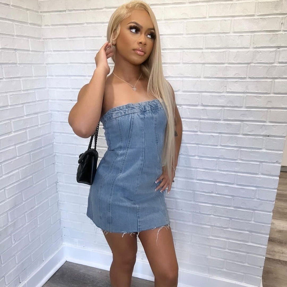 Robe Lavée Poitrine Enveloppée Sexy Dos Nu Denim Printemps Été Femme