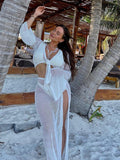 Ensemble haut court et jupe en maille à manches longues ajouré, sexy, lacé, idéal pour la plage.