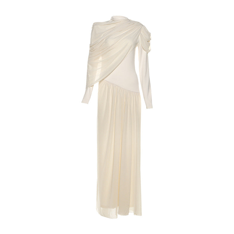 Robe d'hiver automne pour femme, élégante, de couleur unie, coupe ajustée, col rond, taille cintrée, plissée, manches longues