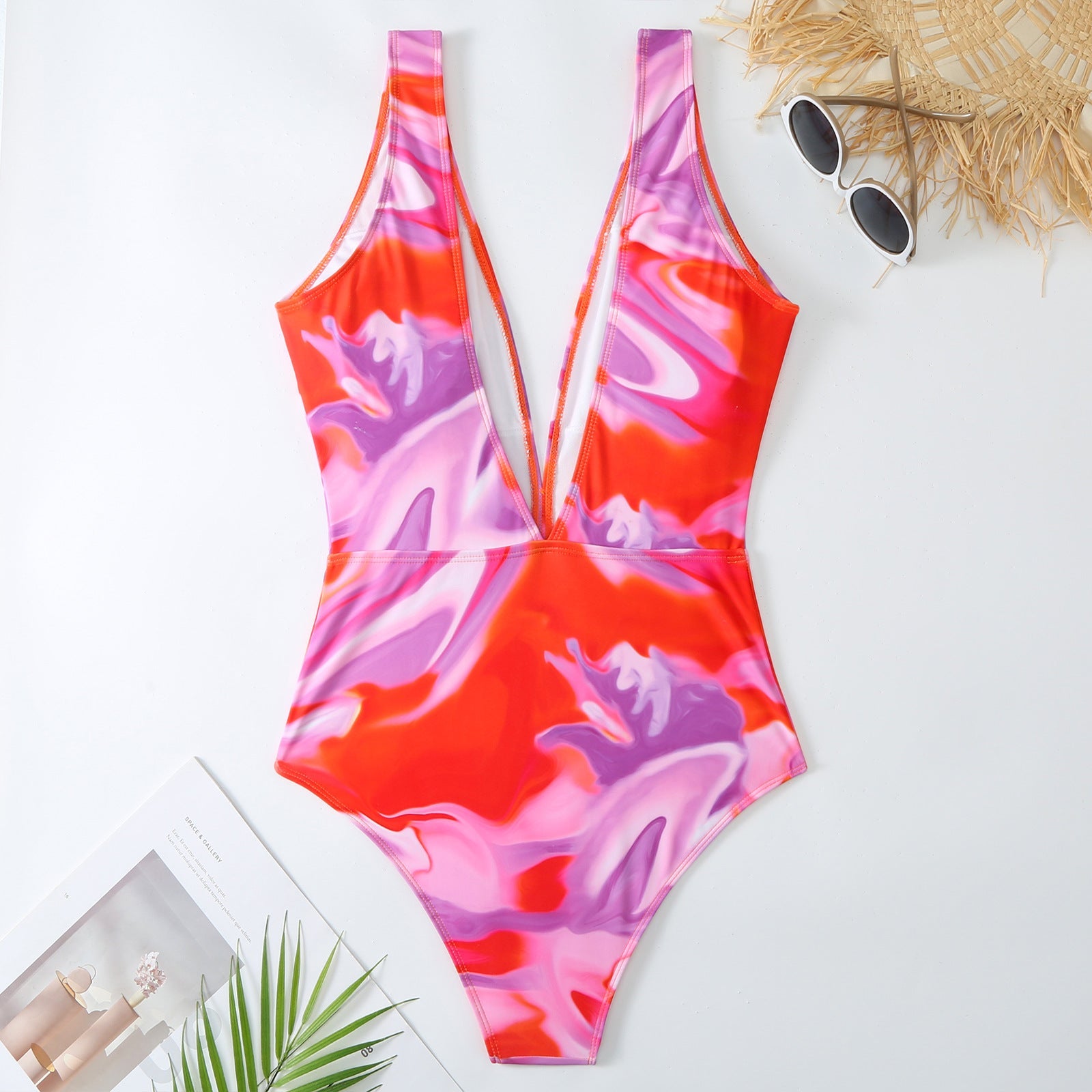 Retro One-Piece-Badeanzug für Damen, tiefer V-Ausschnitt, zum Schnüren, Chiffonrock-Set