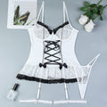 Sous-vêtements sexy, dentelle sexy, lanières croisées, nœud noir, blanc, ensemble fille mignonne