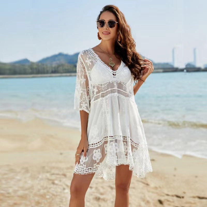 Spitzen-Patchwork bestickte Strandbluse Sexy Urlaub Sonnenschutzhemd Strandüberwurf