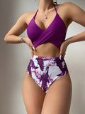 Badeanzug Damen Dreieck Einteiler Spitze Druck Bikini Badeanzug Überkreuz