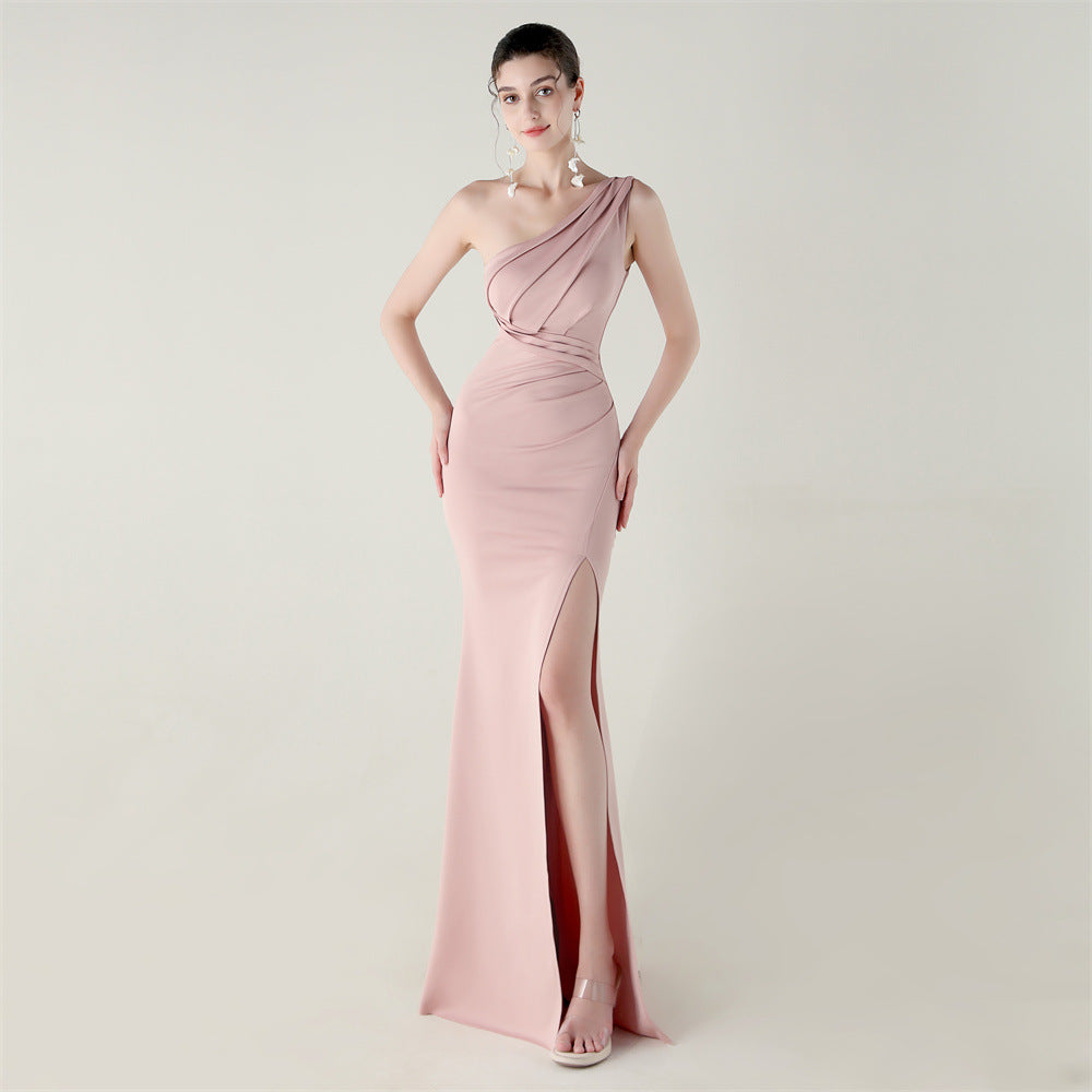 One Shoulder Slim Fit Satin Falten High Slit Sexy Abendkleid Meerjungfrauenkleid Dinner Hochzeit Social Networking