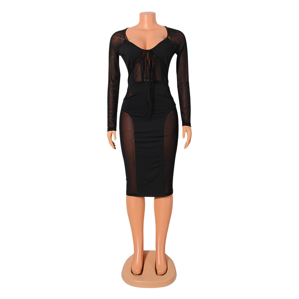 Damenbekleidung Sexy Mesh-Patchwork Transparente gebundene Kleid Damen