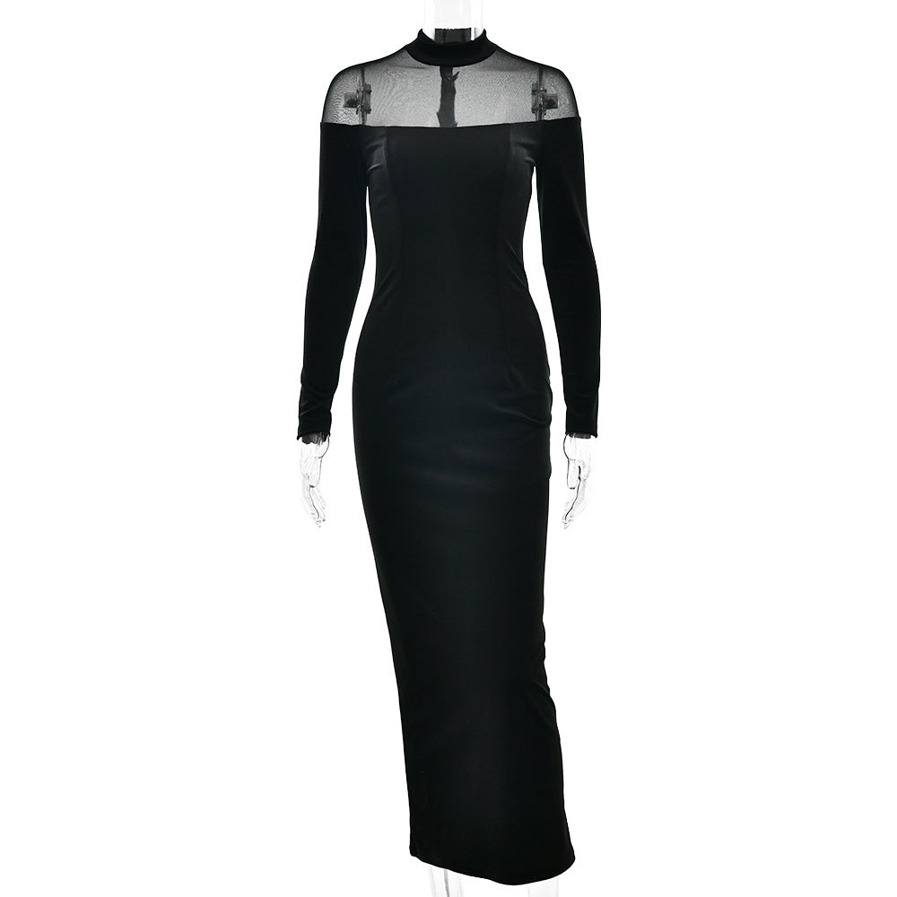 Robe Transparente à Coutures en Voile Automne Hiver Robe Moulante Sexy Unie