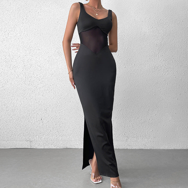 Robe longue en soie de lait avec mailles cousues, sexy, fendue, dos nu, robe de soirée