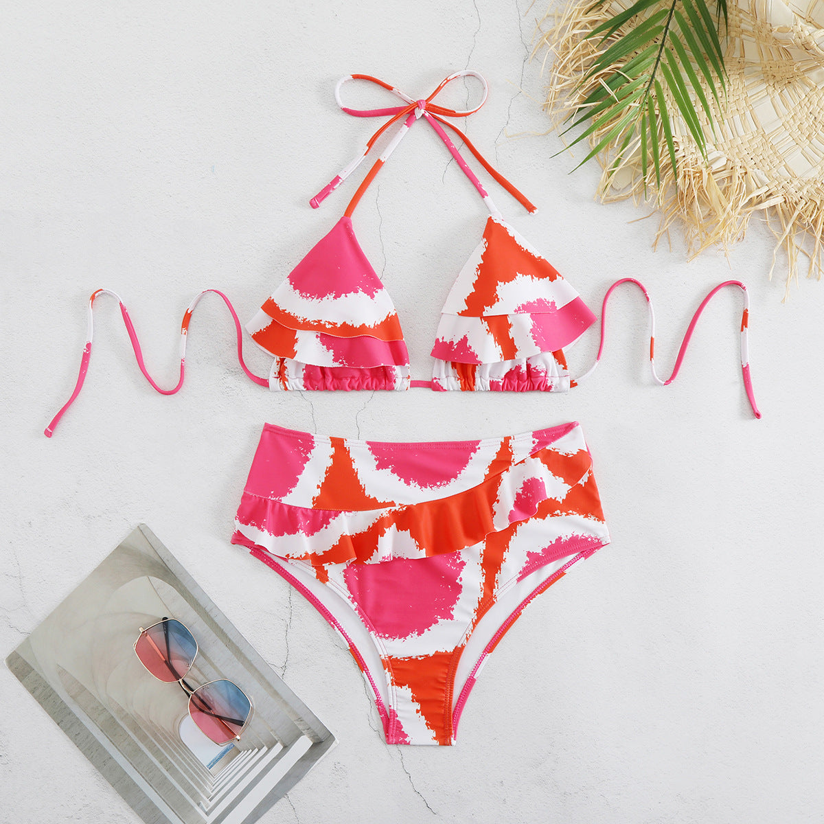 Damen Split Bikini Set mit hoher Taille und drei Punkten, Retro-Print