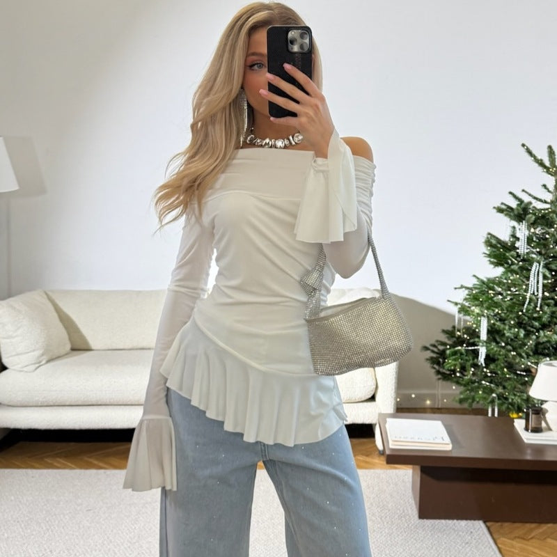 Damenbekleidung Frühling Sommer schulterfreies Oberteil mit Glockenärmeln Langarm T-Shirt Enganliegend Damen