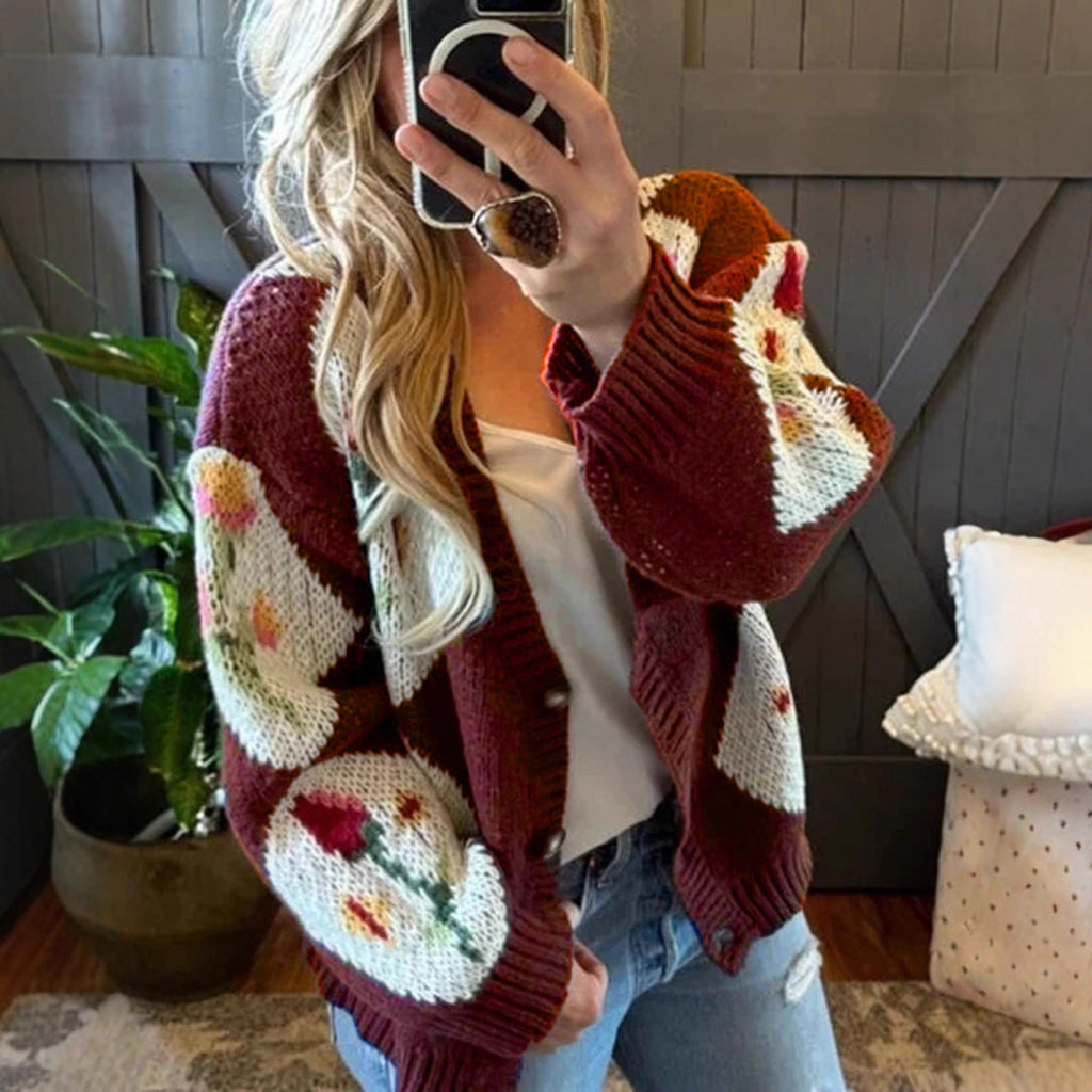 Manteau en tricot décontracté pour femme, automne/hiver, avec motif jacquard floral et couleurs contrastées, simple boutonnage