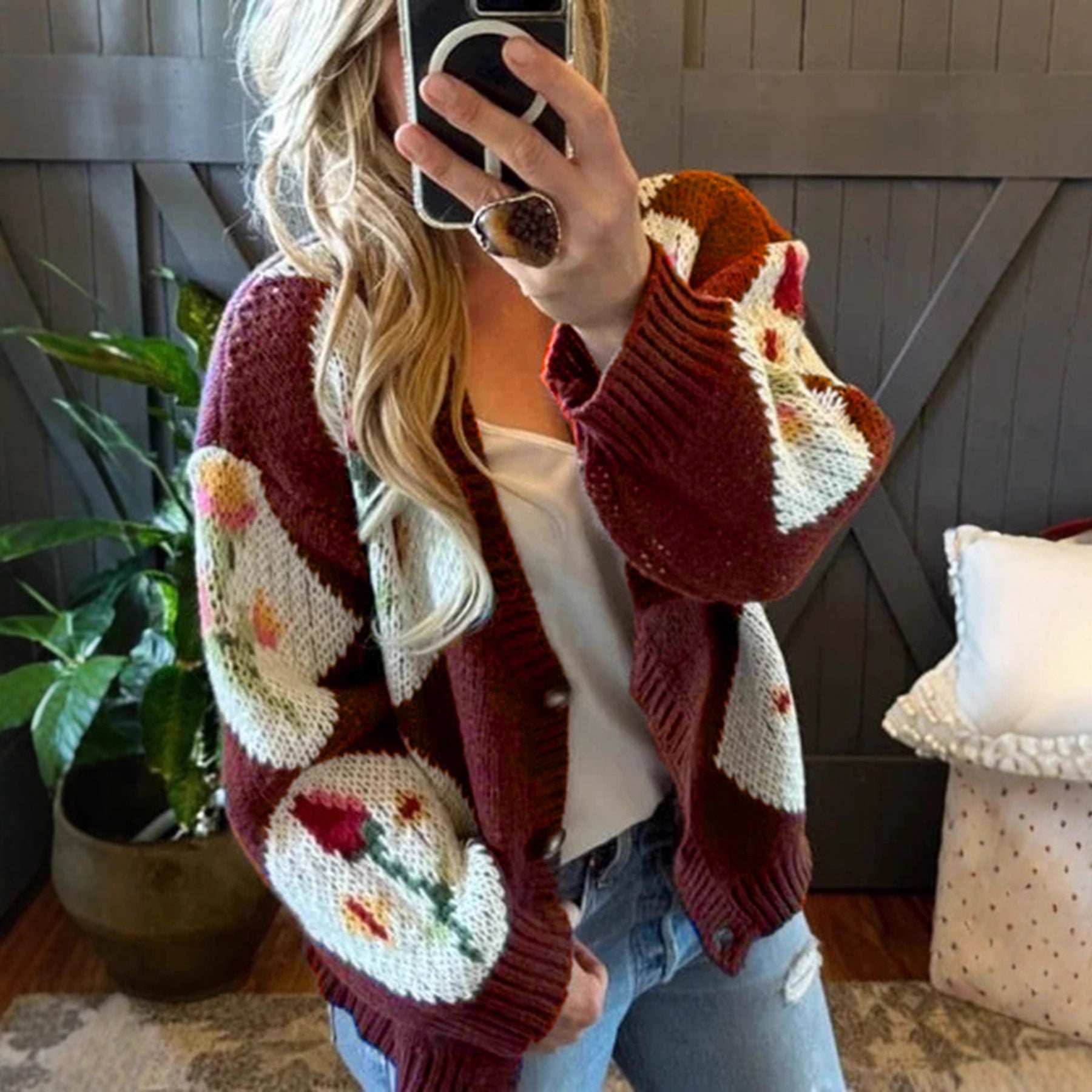 Manteau en tricot décontracté pour femme, automne/hiver, avec motif jacquard floral et couleurs contrastées, simple boutonnage