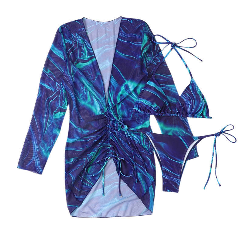 Maillot de bain deux pièces licou à manches longues pour femmes Maillot de bain bikini trois pièces sexy imprimé pour femmes Été