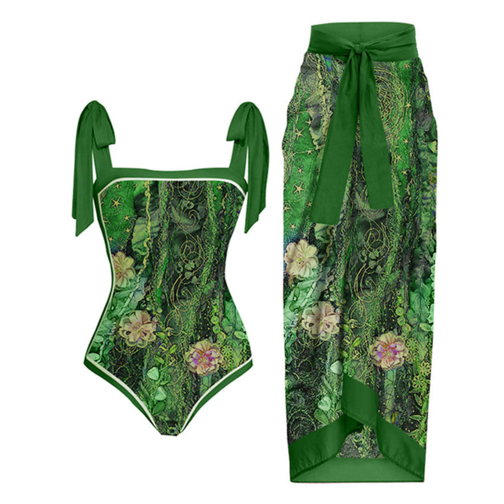 Maillot de bain deux pièces pour femme avec jupe en gaze imprimée multicolore, anti-transparence, protection solaire
