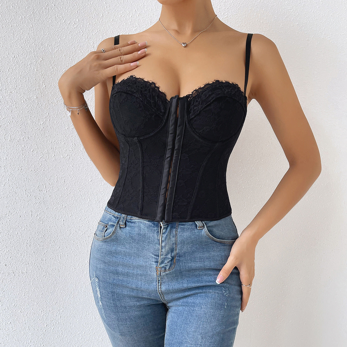 Damenbekleidung Sexy einfarbig Spitze Spaghettiträger Korsett Mieder Stahlring umwickelte Brust Knopfleiste rückenfreies Bustier