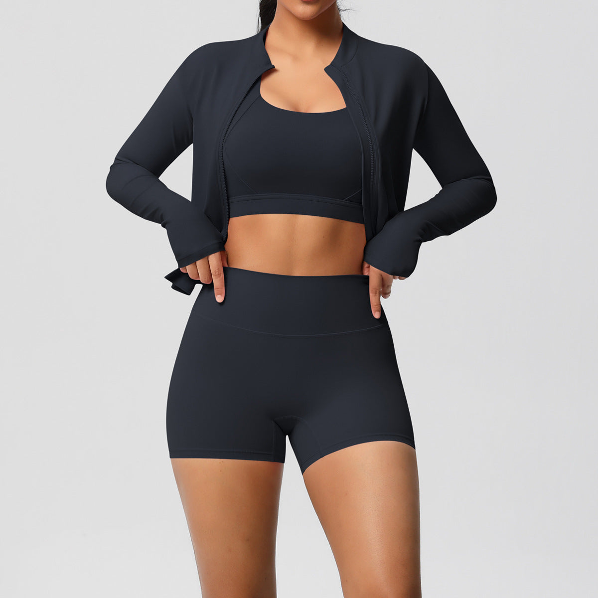 Einfarbiger Cloud Sense Yoga-BH, Sportmantel, Pilates-Laufshorts, Fitness-Yoga-Bekleidung, dreiteiliges Set für Damen