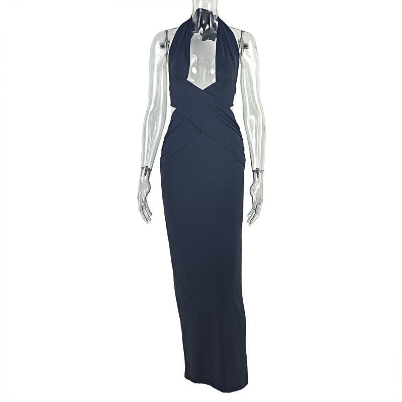 Unifarbene Straßenkleidung für Damen Rüschen, eng anliegend, mit tiefem Ausschnitt, Neckholder, schlankmachendes Maxi-Kleid