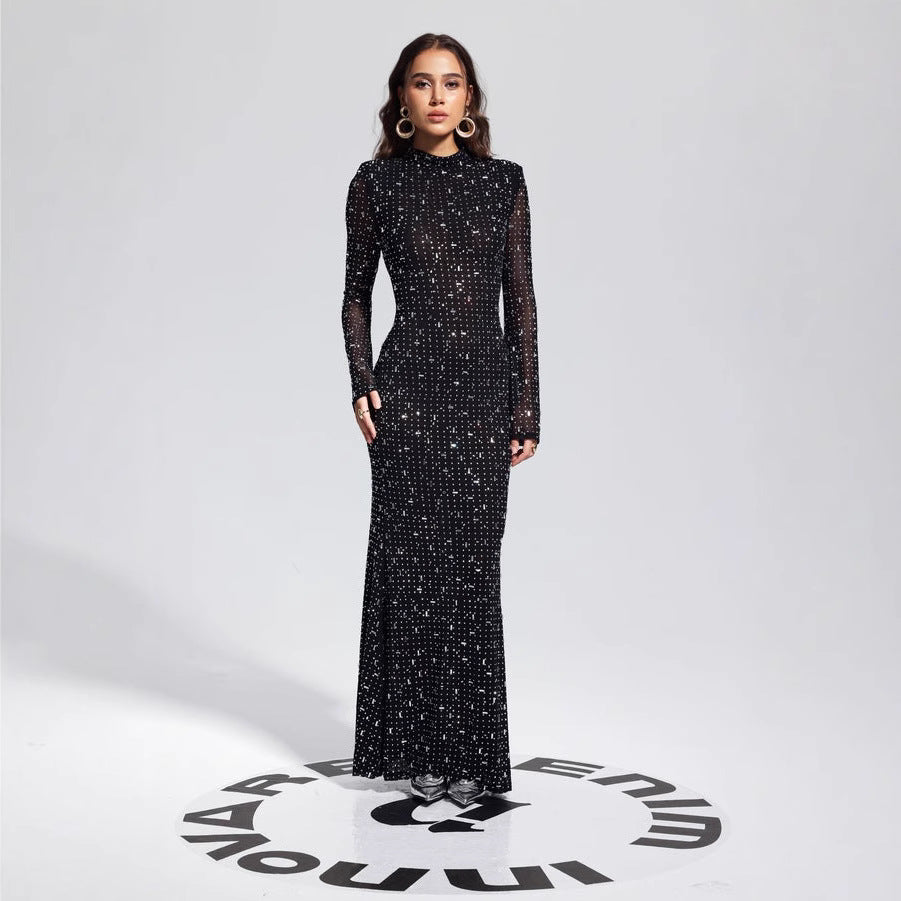 Nouvelle Robe Noire Sexy Bretelles Strass Manches Longues Moulante