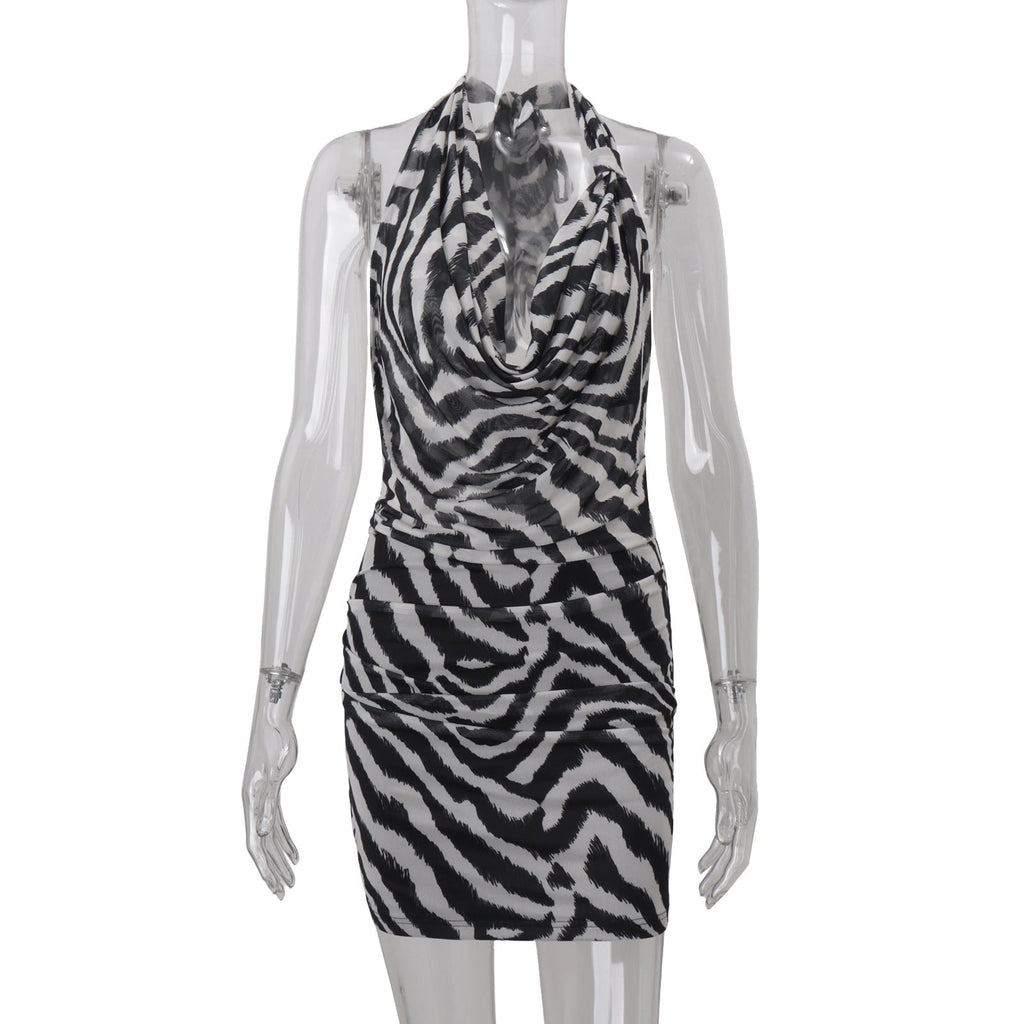 Damenbekleidung Herbst Sexy Neckholder Swing-Kragen Persönlichkeit Zebra-Muster Sexy Hüfttasche Kleid Damen