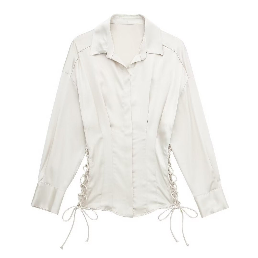 Chemisier en satin à manches longues et lacets pour femme coupe ajustée d'automne