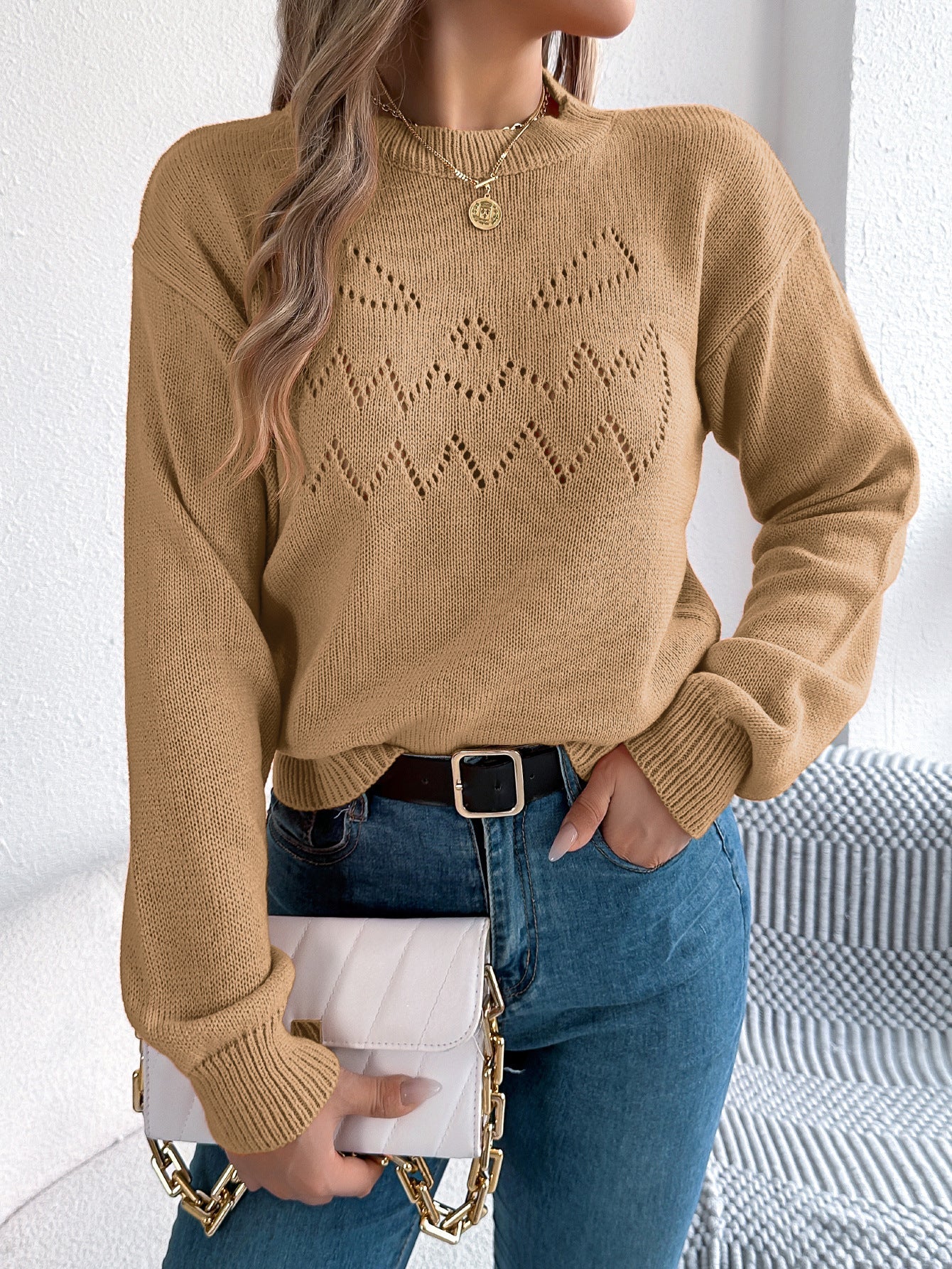 Einfarbiger Aushöhlung-Laternen-Langarm-Pullover für Damen Halloween